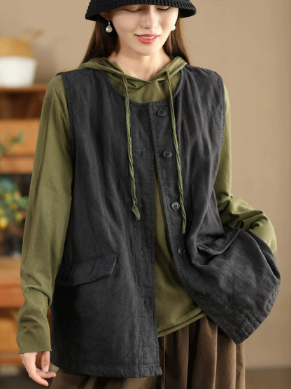 Women Retro Solid O-Neck Cotton Vest Coat BA1049