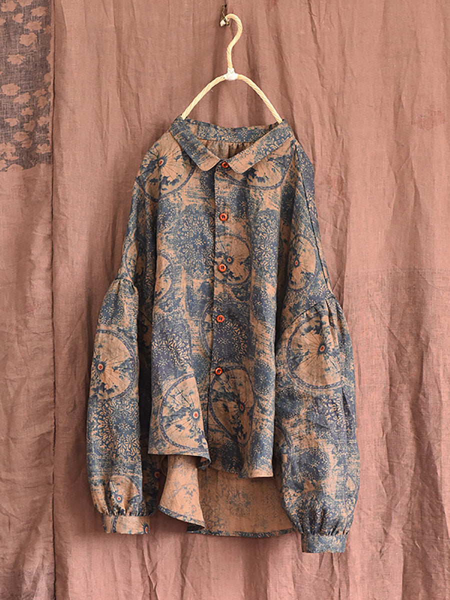 Women Vintage Flower Turn-down Collar Button Linen Shirt BA1075