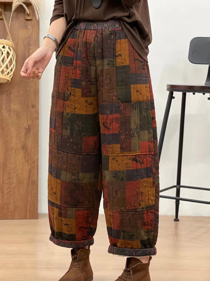 Women Autumn Retro Cotton Plaid Patch Straight Pants BA1061