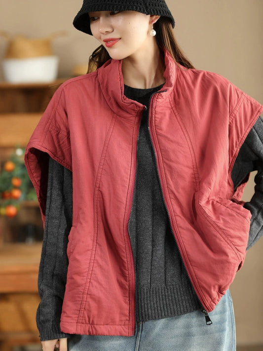 Women Retro Solid Stand Collar Cotton Vest Coat WG019