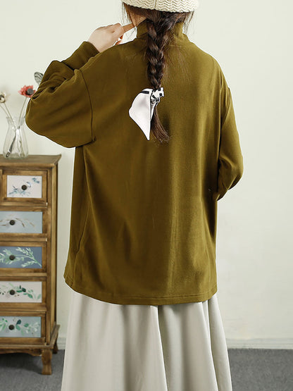 Women Casual Autumn Solid Tuetleneck Button Cotton Blouse BA1067