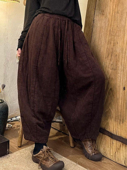 Women Autumn Vintage Solid Spliced Linen Harem Pants BA1066