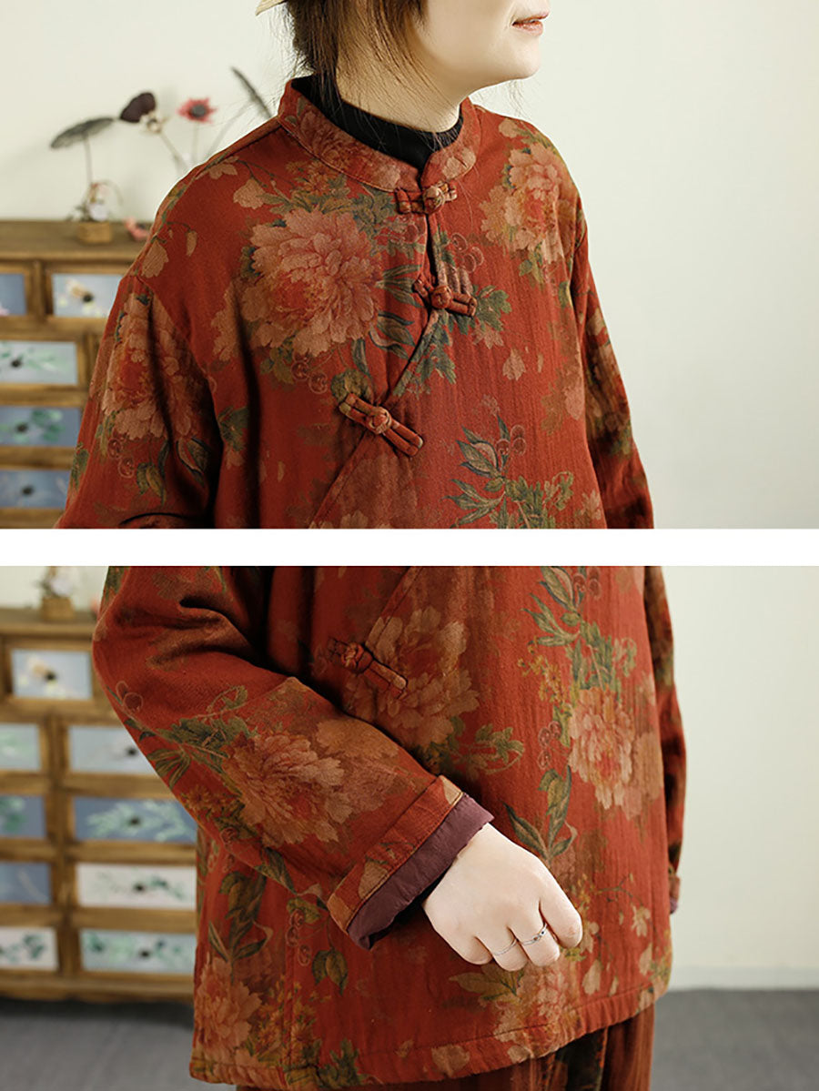 Women Ethnic Autumn Flower Buckle Cotton Stand Collar Coat BA1070