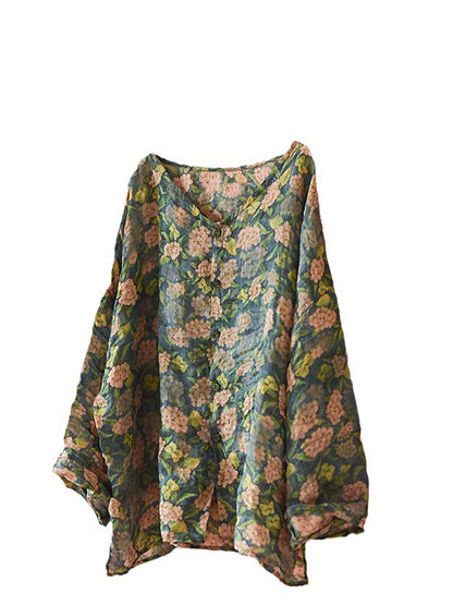 Women Autumn Artsy Floral Ramie Button-up Blouse QU033