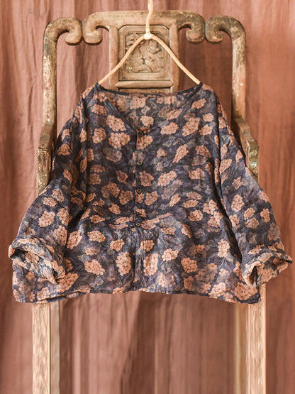 Women Autumn Artsy Floral Ramie Button-up Blouse QU033