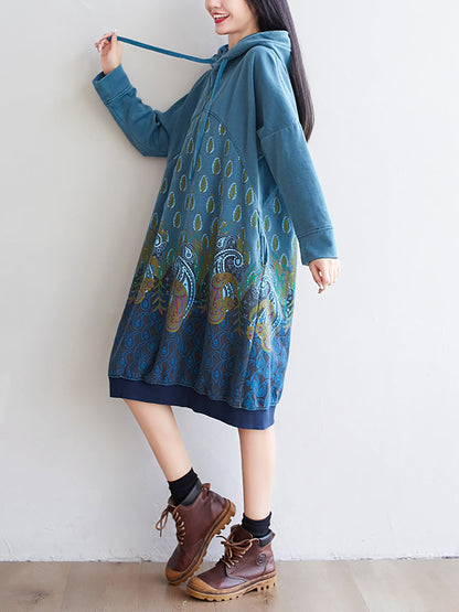 Women Ethnic Autumn Print Hooded Cotton Dress QU023