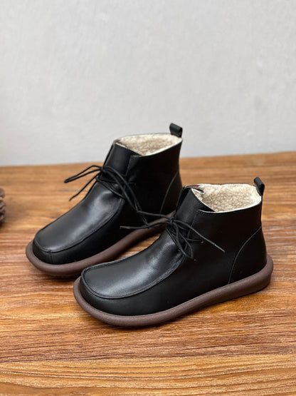 Bottes plates en cuir véritable souple rétro d'hiver pour femmes QU015