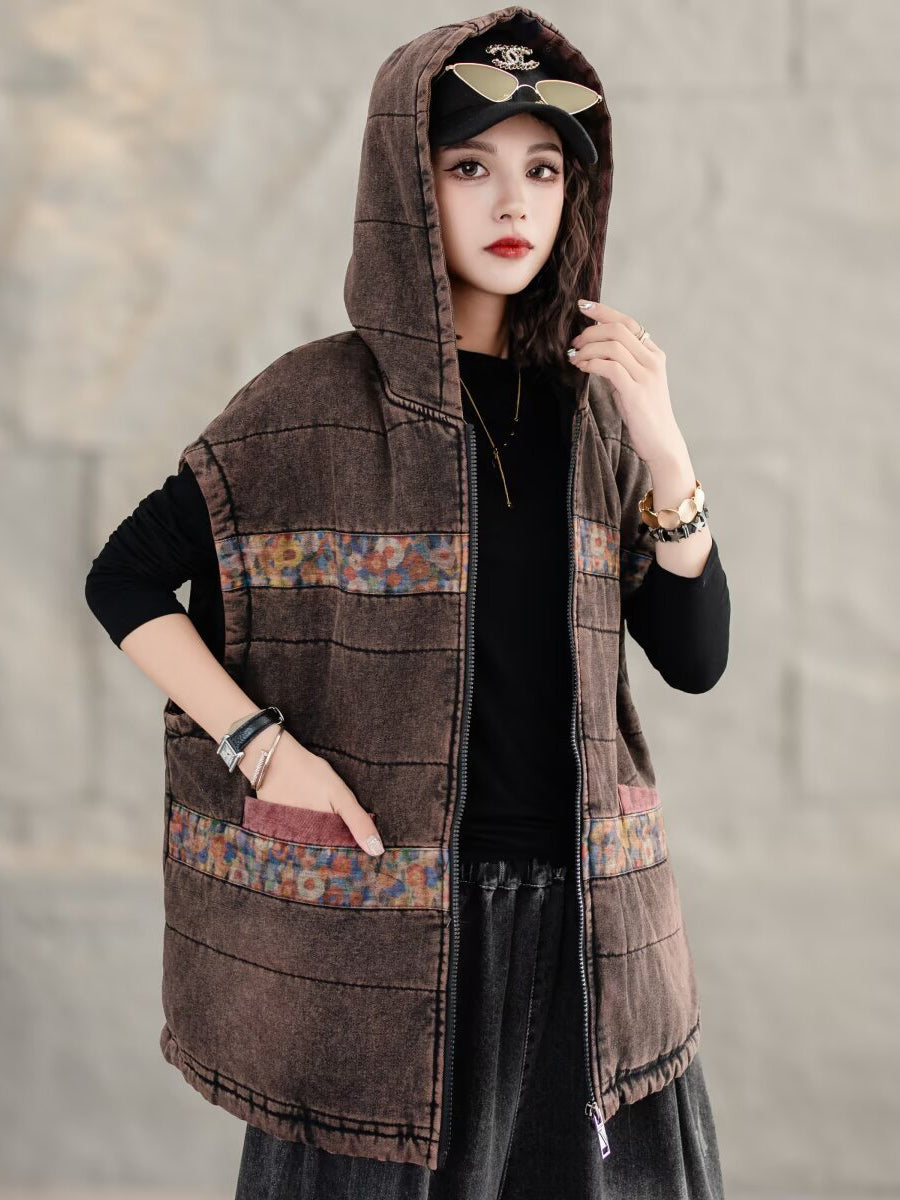 Women Retro Floral Spliced Hooded Cotton Padded Vest Coat WG007