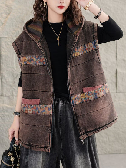 Women Retro Floral Spliced Hooded Cotton Padded Vest Coat WG007