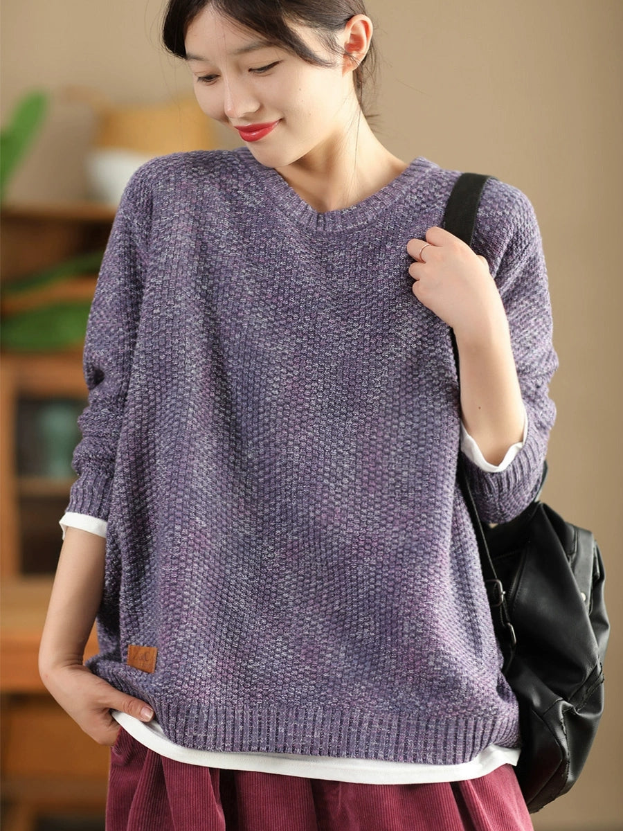 Women Vintage Autumn Solid O-Neck Loose Knit Sweater WG004