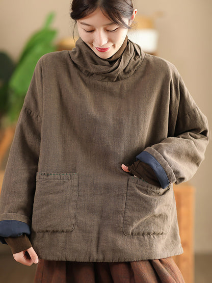 Women Autumn Vintage Turtleneck Solid Linen Padded Coat WG012