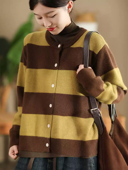 Women Vintage Autumn Stripe O-Neck Knit Sweater QN009