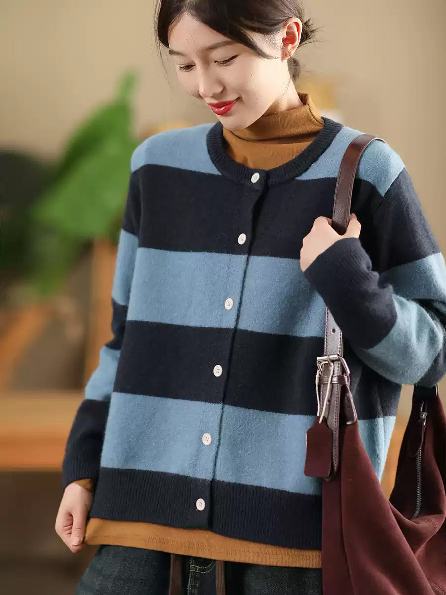 Women Vintage Autumn Stripe O-Neck Knit Sweater QN009