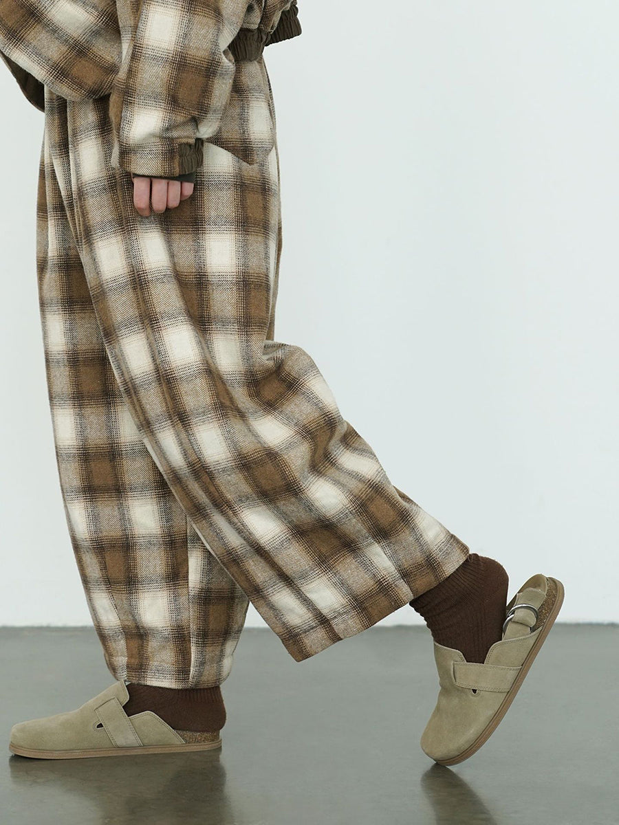 Women Winter Casual Plaid Cotton Thick Wide-leg Pants QM027