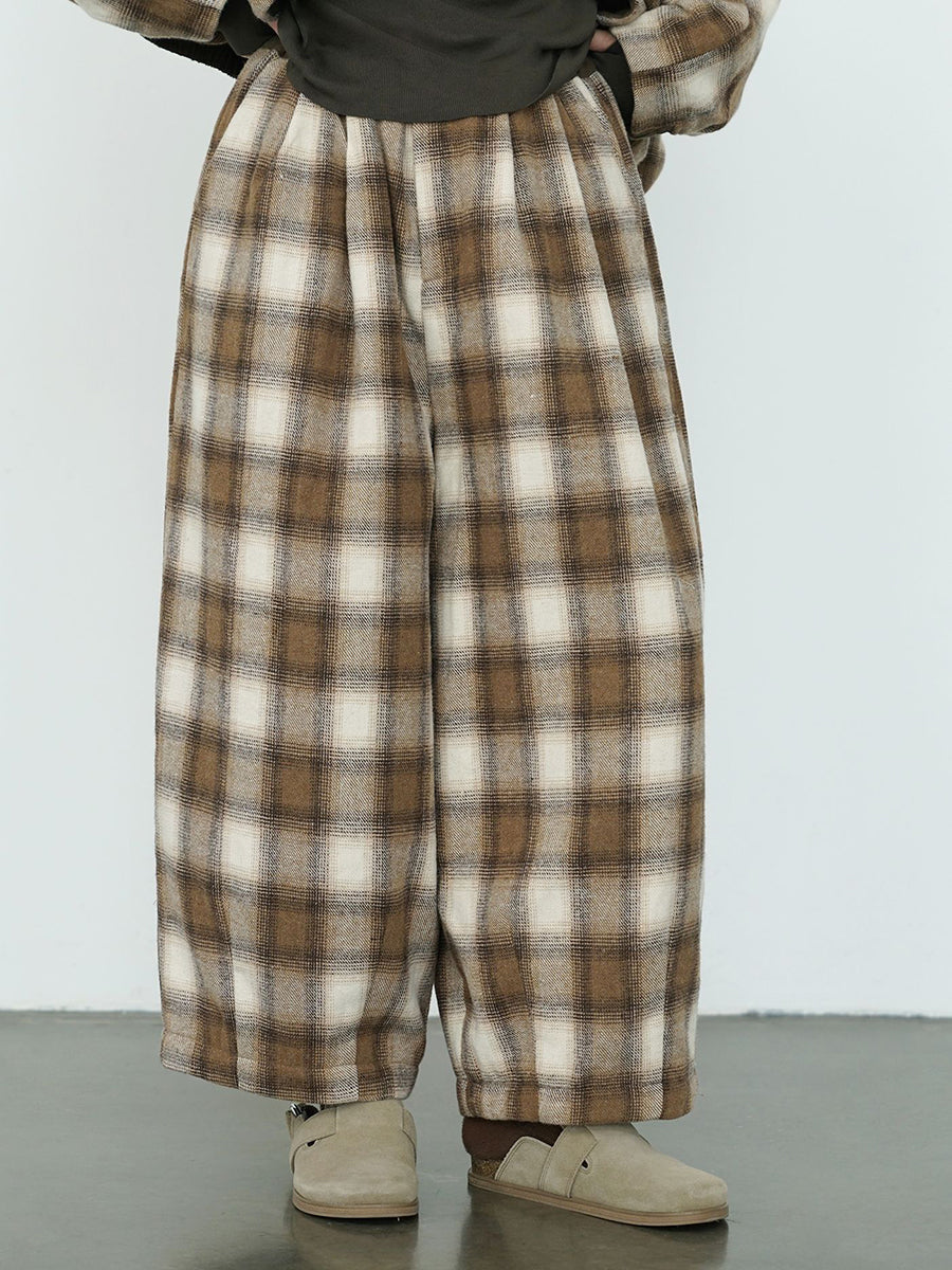 Damen Winter Casual Plaid Baumwolle Dicke Weite Bein Hose QM027