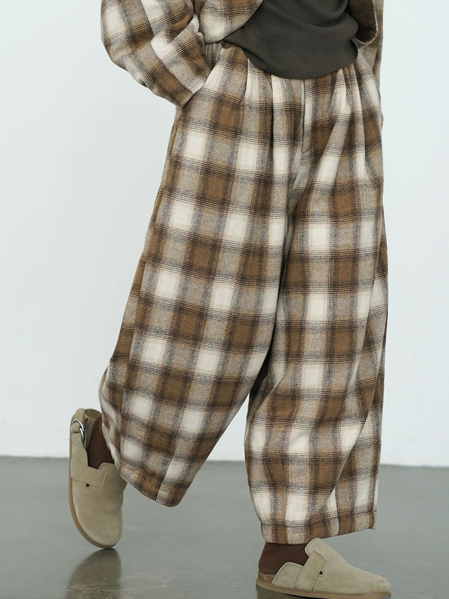 Damen Winter Casual Plaid Baumwolle Dicke Weite Bein Hose QM027