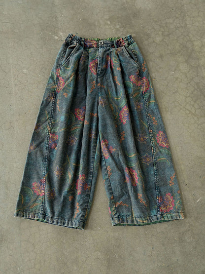 Women Winter Retro Flower Denim Spliced Wide-leg Pants QM014