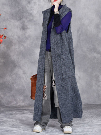 Women Autumn Artsy Solid Knit Cardigan Hooded Vest Coat QM008