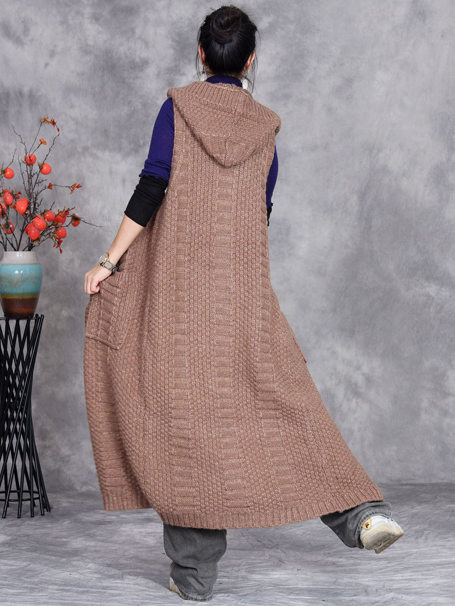 Women Autumn Artsy Solid Knit Cardigan Hooded Vest Coat QM008