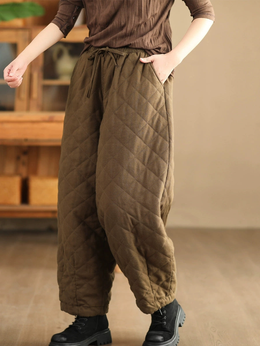 Women Winter Retro Rhomboid Padded Linen Harem Pants WU025