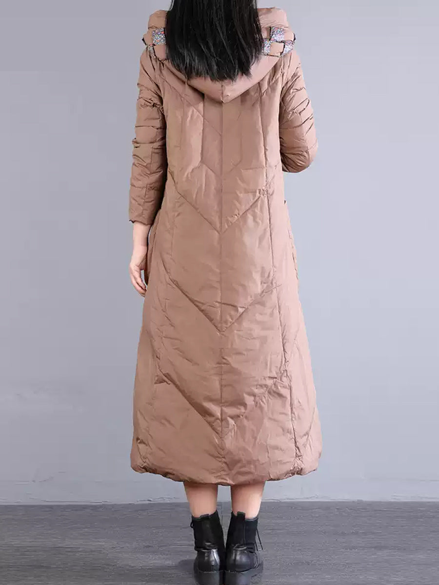 Women Winter Vintage Patch Hooded Long Down Coat WU028