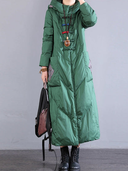 Women Winter Vintage Patch Hooded Long Down Coat WU028