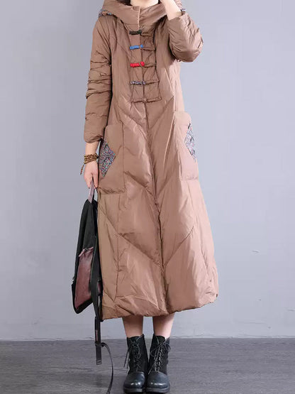 Women Winter Vintage Patch Hooded Long Down Coat WU028