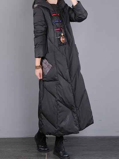 Women Winter Vintage Patch Hooded Long Down Coat WU028