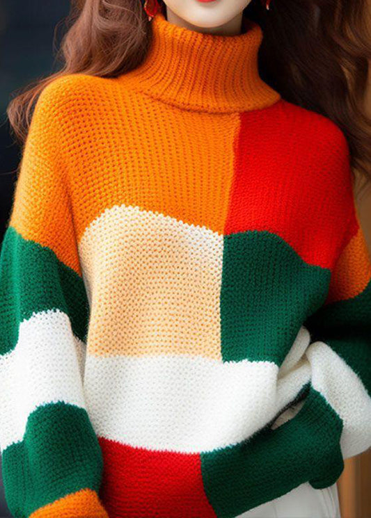 2025 New Colorblock Hign Neck Knit Sweater Tops Spring YY031