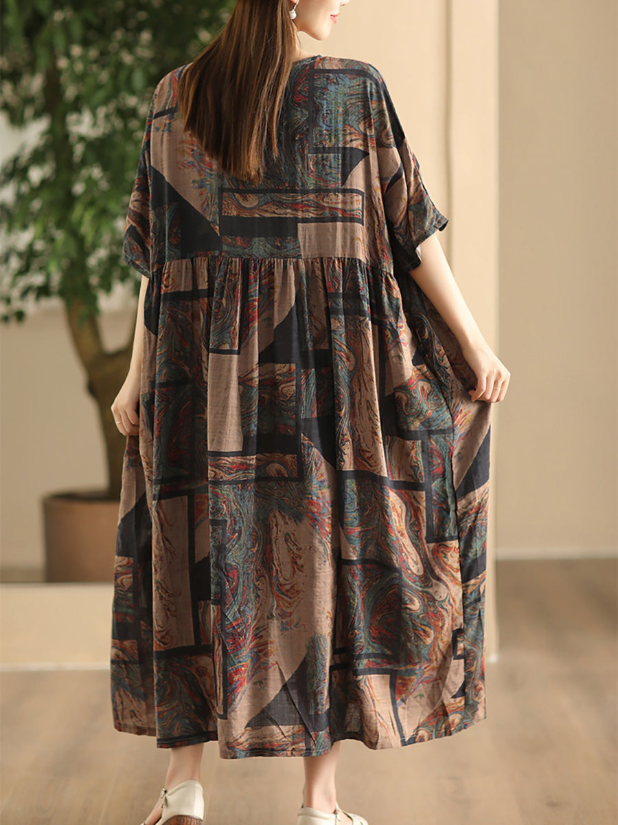 Women Summer Vintage Flower Linen Loose Dress FD043