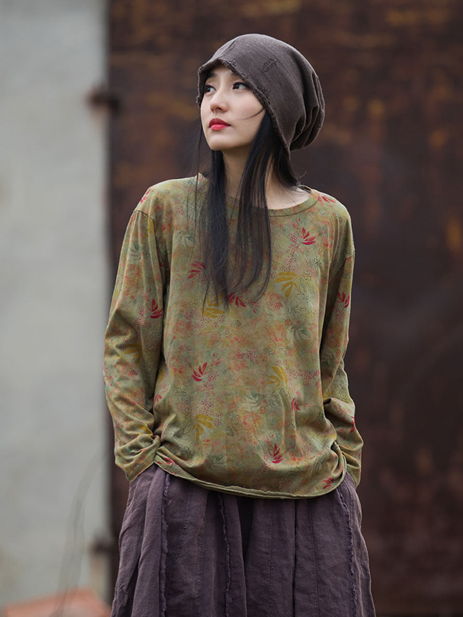 Women Vintage Autumn O-Neck Flower Cotton Blouse AT1008