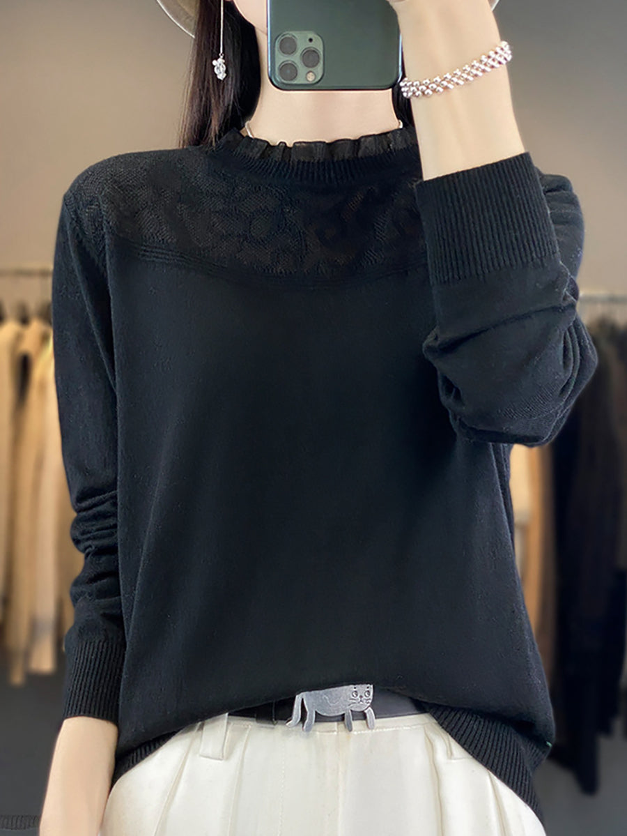 Women Autumn Lacework Neck 100%Wool Loose Sweater QM020