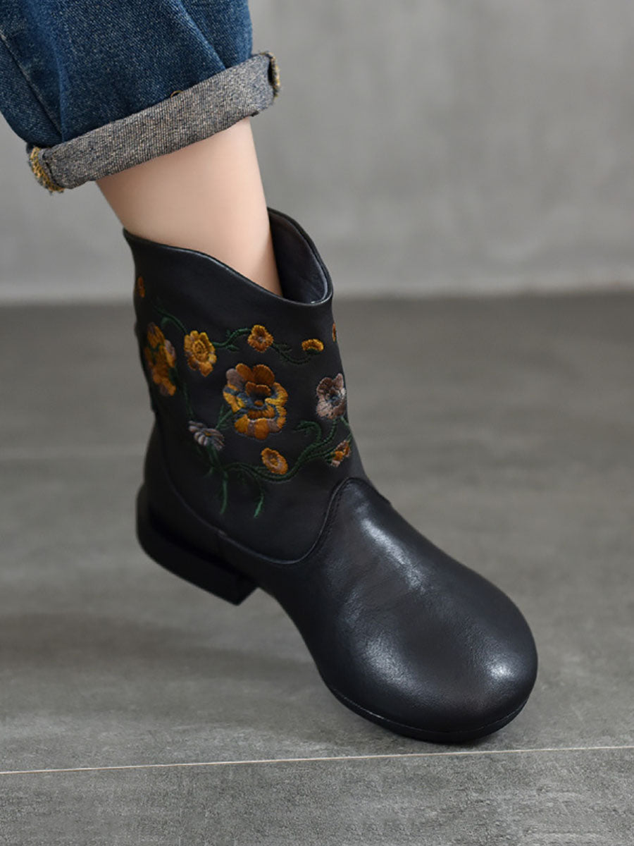 Bottes à talons bas en cuir avec broderie florale vintage pour femmes AX1050