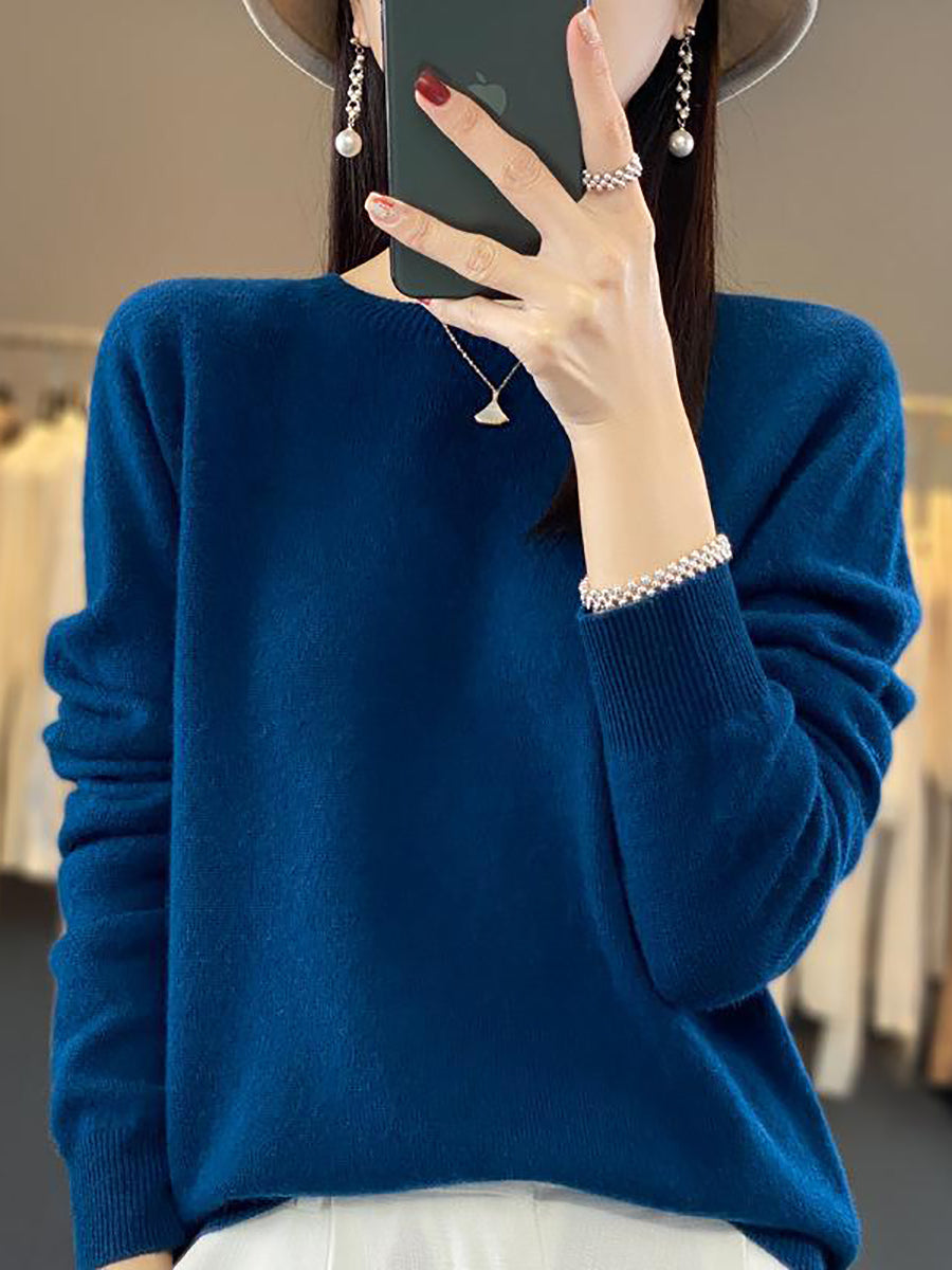 Women Autumn Solid Knit 100%Wool O-Neck Sweater WU023