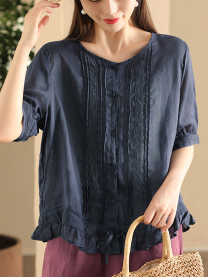 Women Summer Vintage Embroidery Button-up Strap Ramie Shirt FD018