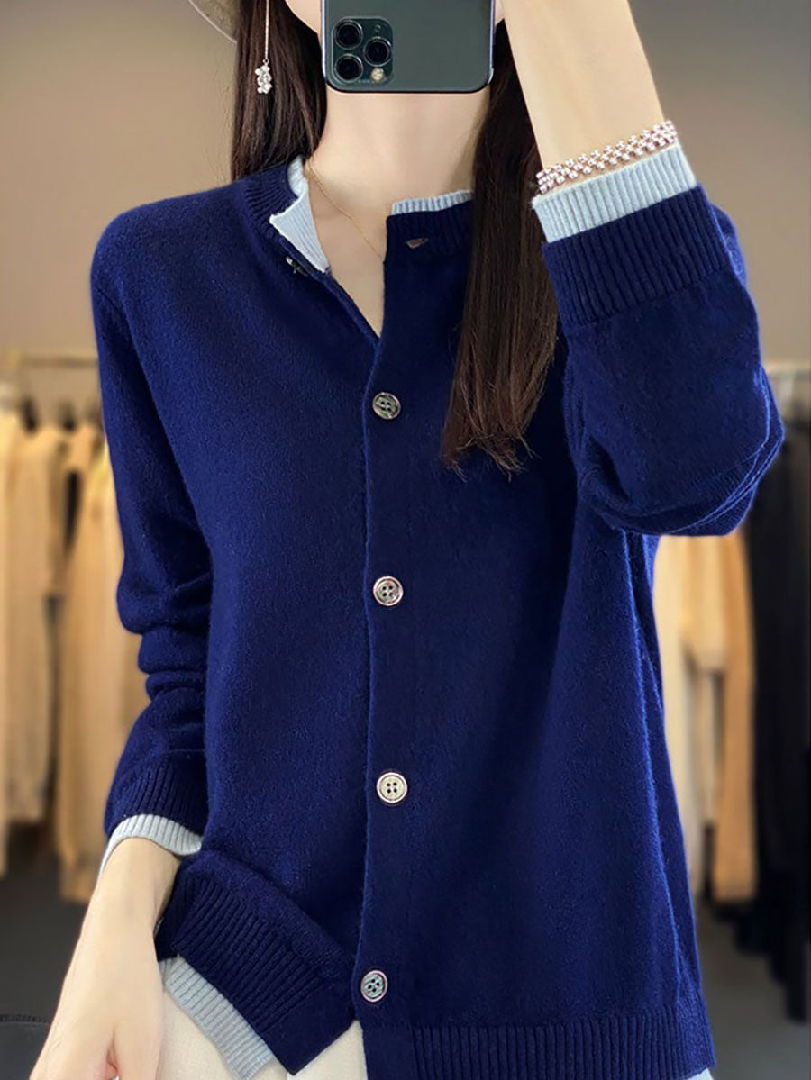 Women Autumn Colorblock Knit 100%Wool O-Neck Sweater QM006