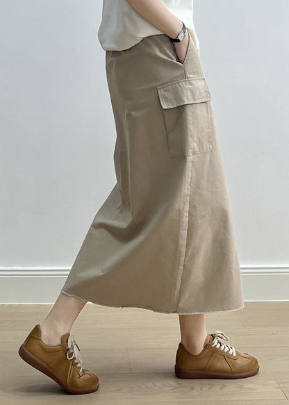 Fine Khaki Pockets High Waist Side Open Cotton Skirt Fall QC024