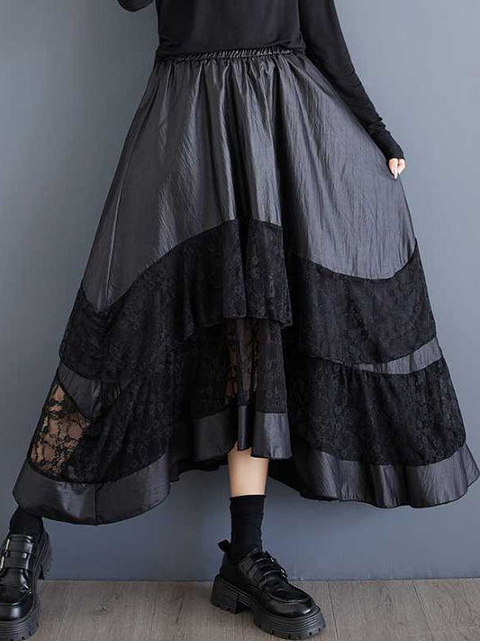 Goth Black Elasticity Layered Irregular Hem Patchwork Lace A-Line Skirt TW023