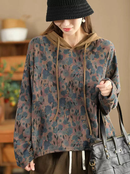 Sweat-shirt à capuche décontracté en coton pour femme avec imprimé floral d'automne WG021