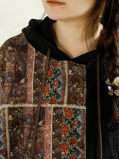 Women Autumn Vintage Flower Spliced Hooded Cotton Vest AI1037