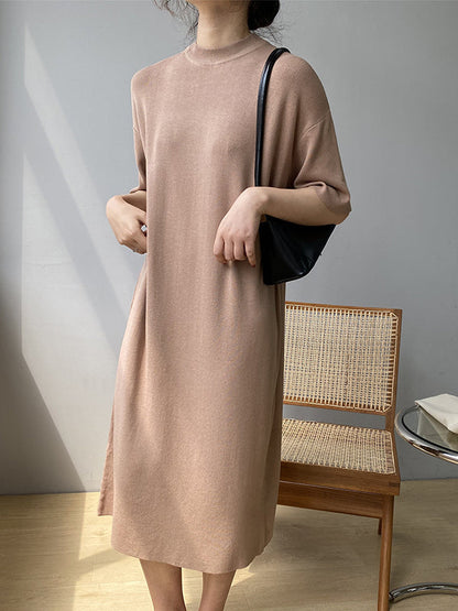 Temperament Round-neck Mauve Split-Joint Short Sleeve Sweater Dress AN1057