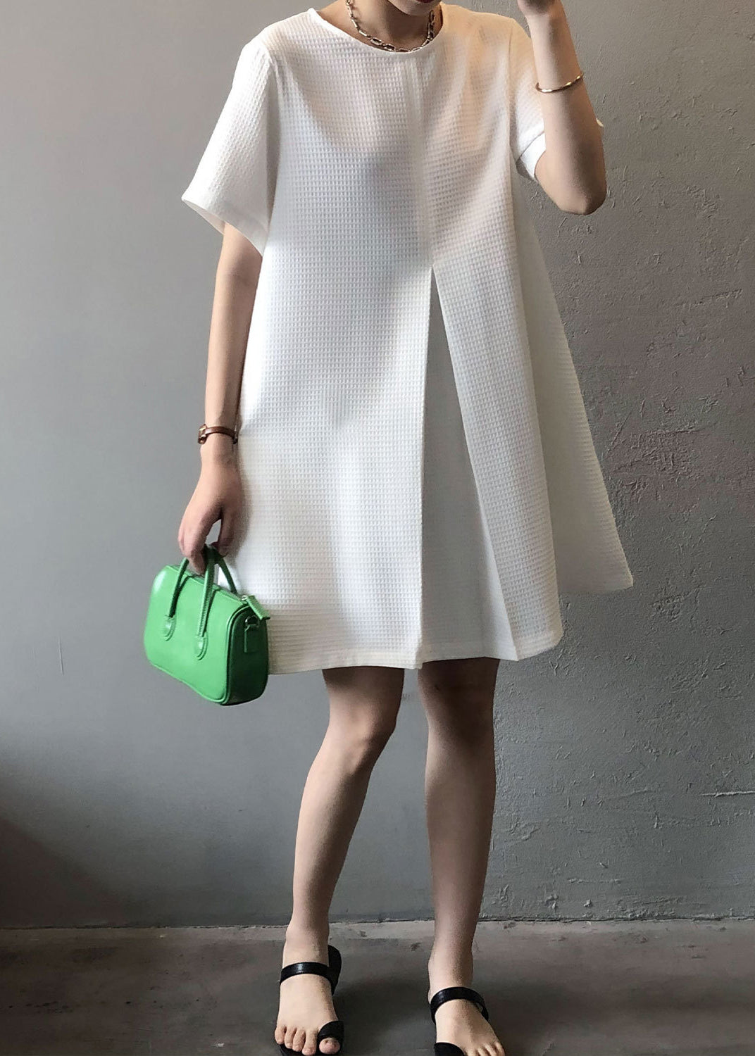 White Simple Cotton Mid Dresses O Neck Summer AF1063