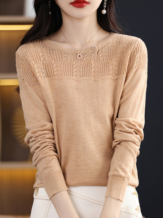 Women Autumn Solid Knit 100%Wool O-Neck Sweater QM019