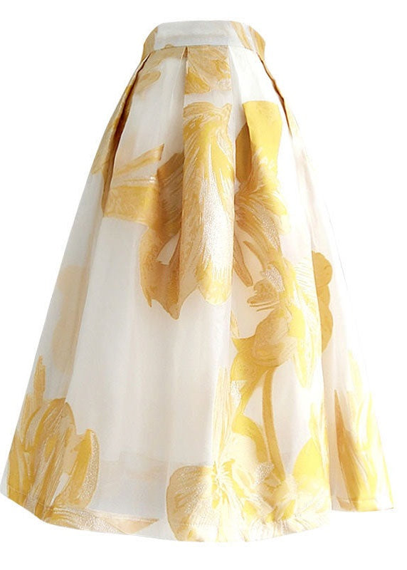 Women Yellow Wrinkled Patchwork Embroidered Tulle Skirt Summer AZ1038