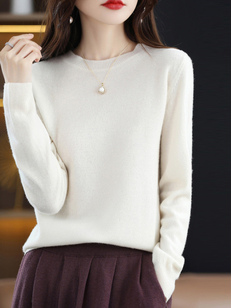 Women Autumn Solid Wool Knitted O-Neck Bottom Sweater CX058