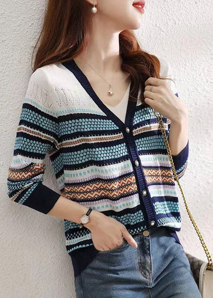 Frauen Colorblock V-Ausschnitt gestreiften Patchwork Knopf stricken Strickjacken Herbst QP010 