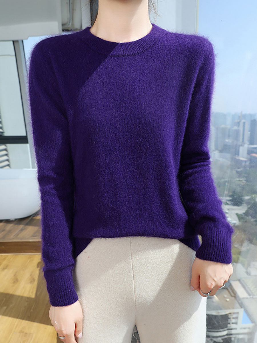 Women Autumn Casual O-Neck Soft 100%Wool Sweater QU030