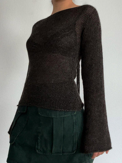 Vintage Brauner Pullover mit Rundhalsausschnitt, gekreuzten Ärmeln und Schnürung, hinten gekreuzt AN1039 