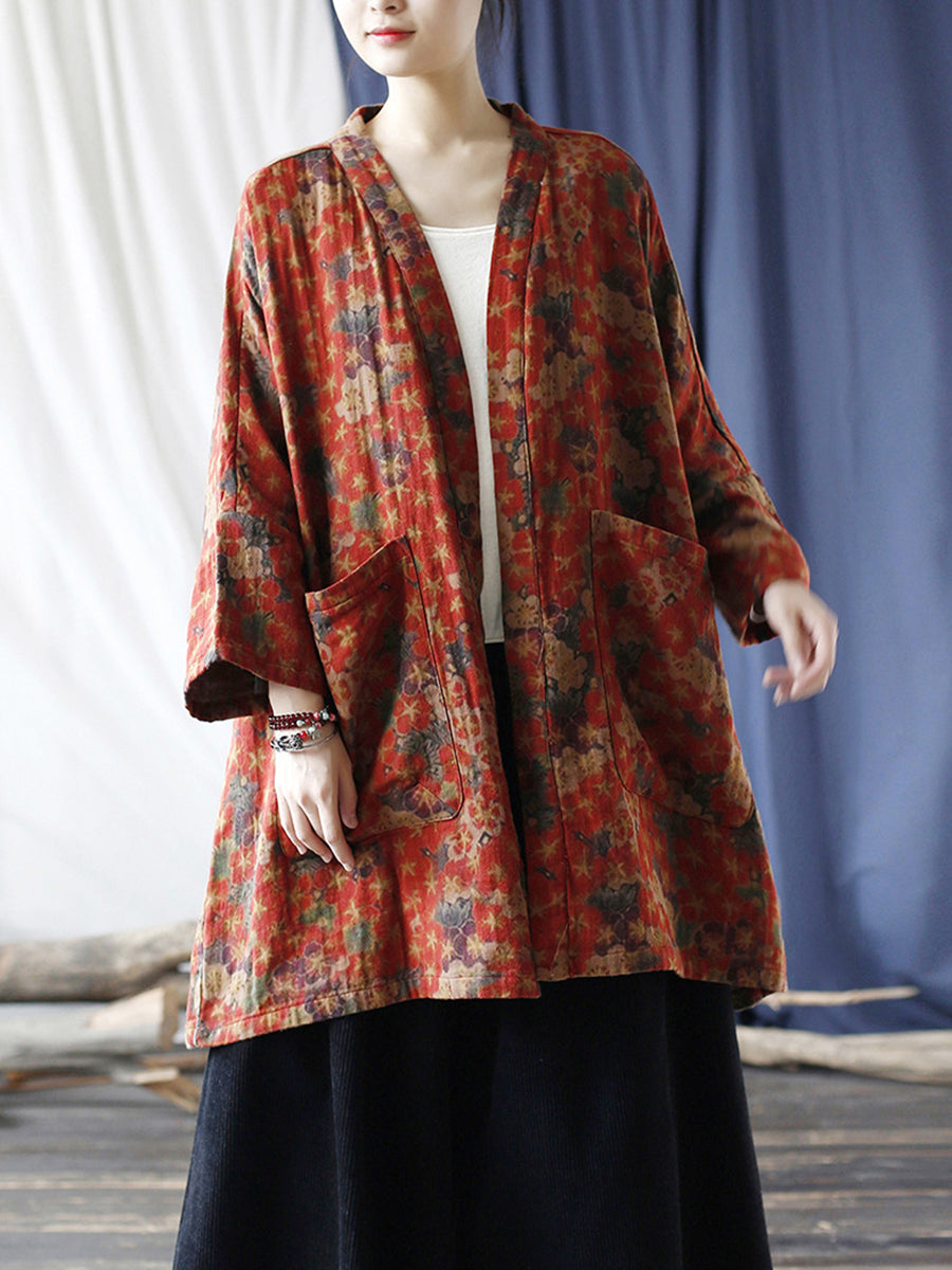 Women Ethnic Floral V-neck Pocket Cardigan Coat RR019