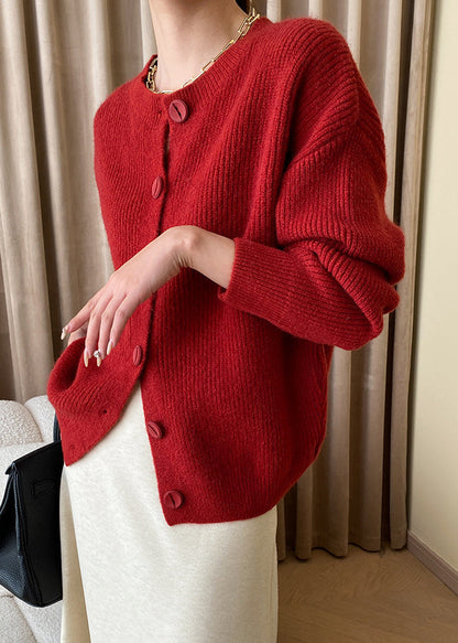 Loose Red Button Solid Knit Coats Fall AF1036